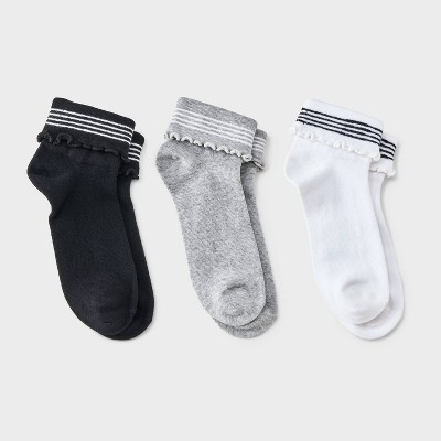 Women's 3pk Four Stripe Turn Cuff with Lettuce Edge Socks - Auden™ - Black