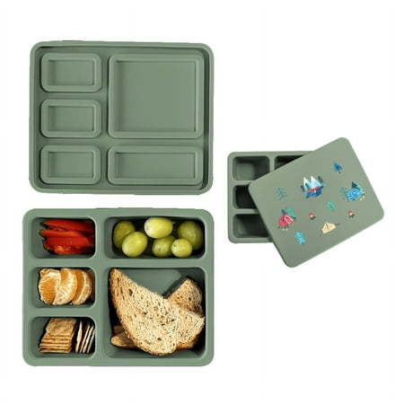 Austin Baby Co Bento Lunch Box for Toddler and Kids – Silicone Lunch Container with 5 Leak-proof Compartments – Food-Safe Materials, Sturdy, Dishwasher Safe, and BPA Free (Camper Sage Green)