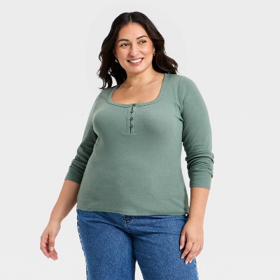 Women's Long Sleeve Scoop Neck Henley Top - Ava & Viv™ Green 2X