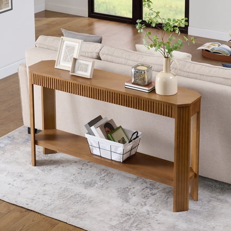Alaterre Furniture Fluted Wood Console Table - 56in Modern Entryway Table with Storage Shelf, Oak