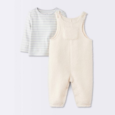 Baby Boys' 2pc Striped Long Sleeve T-Shirt and Boucle Overalls Set - Cloud Island™ Cream 0-3M