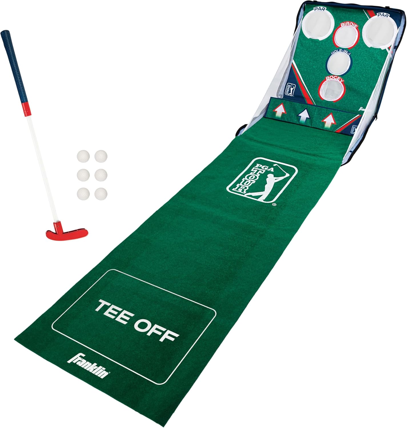 Franklin Sports PGA Whirlball Putting Green Golf Game - Golf Putter Game Set with Whirlball Target + Putting Matt - Adjustable Putter & 6 Foam Balls - Fun Indoor Set for Adults + Kids