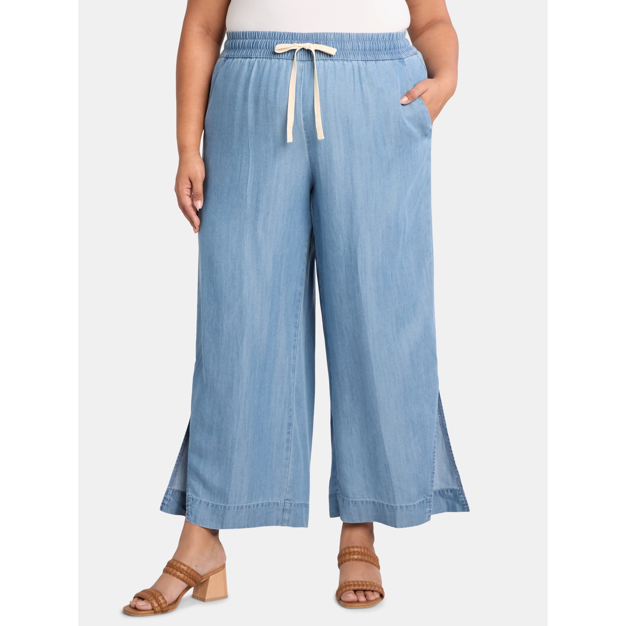 JMS Just My Size by Hanes Women's Plus Chambray Split Hem Pants, 28” Inseam, Sizes 0X-4X