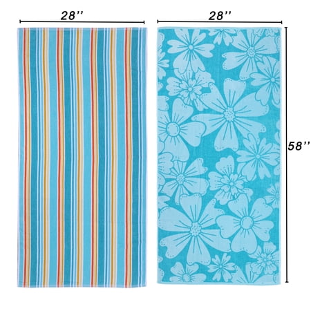 Mainstays 2pk Cotton Beach Towel, 58 x 28 in, Flowers & Stripes