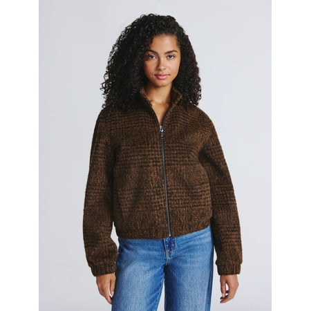 Time and Tru Women's and Women's Plus Faux Wool Bomber Jacket, Sizes XS-2X