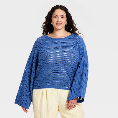 Women's Oversized Stitch Crewneck Pullover Sweater - A New Day™ Blue 4X