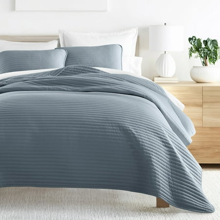 Noble Linens 3 Piece Dusk Blue Stripe Stitch Quilt Set, Queen / Full