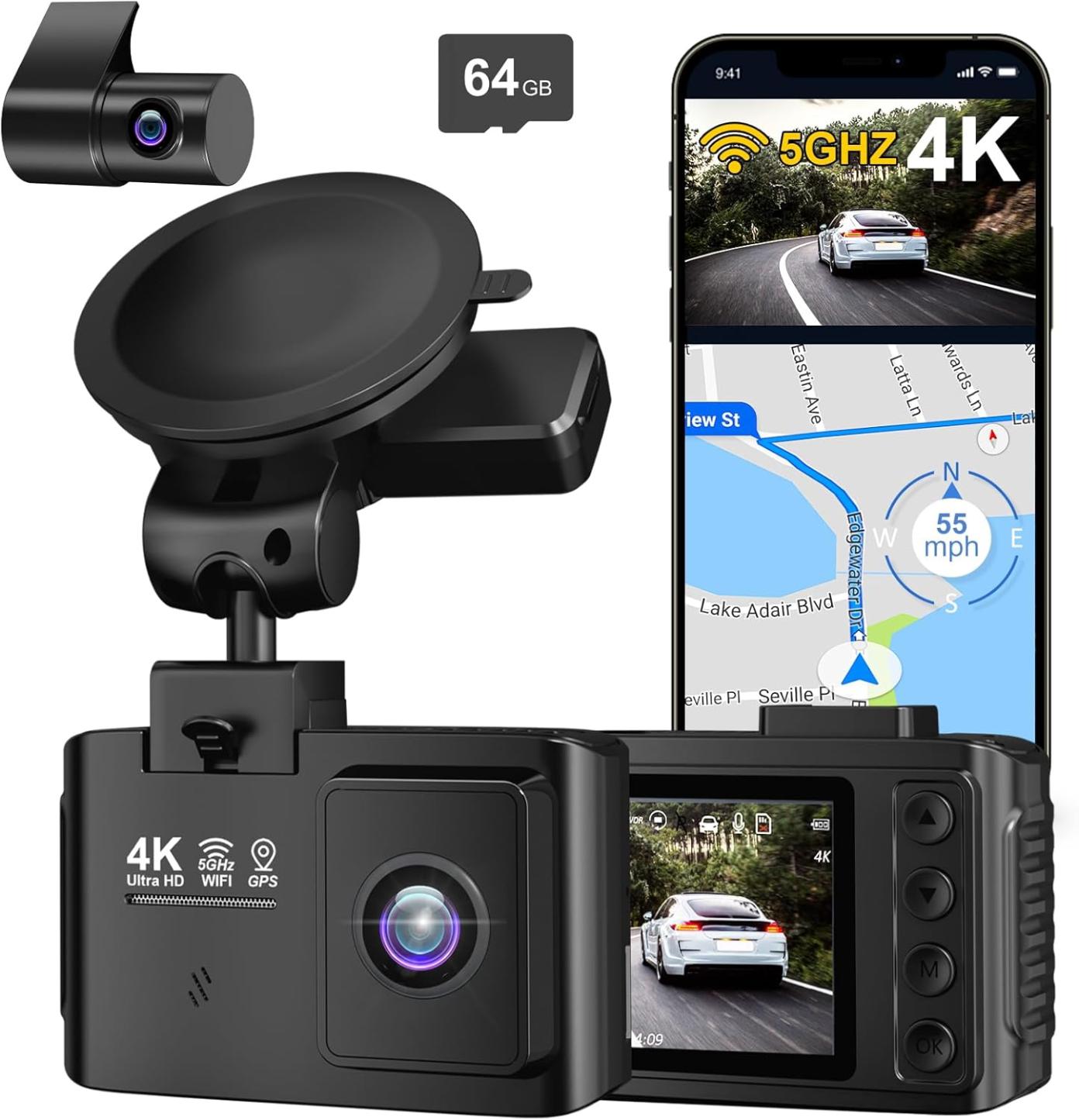 Wanlipo Dual Channel 4K Front + 2.5K Rear Dash Cam w/ 64GB SD Card Amazon