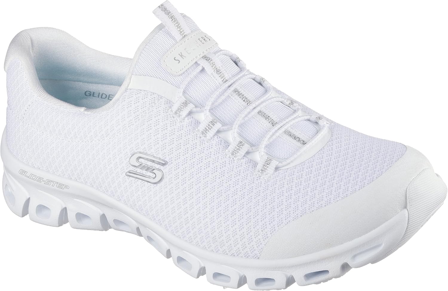 Skechers Women's Sport Active Hands Free Slip-Ins Glide-Step - Resilience, White/Silver, 12 Wide