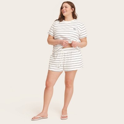 Women's High-Rise Drawstring Knit Pull-On Shorts - Parke x Target Navy Blue Striped 1X