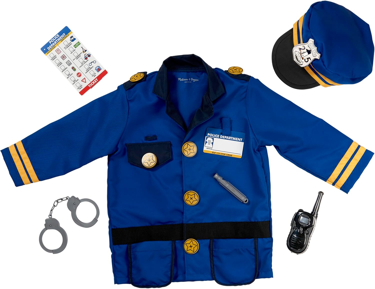 Melissa & Doug Police Officer Costume, 8-Pc Pretend Play Dress Up, Badge, Handcuffs & Accessories, Role Play Toys for Kids 3+