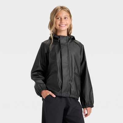 Girls' Hooded Rain Coat - All In Motion™ Black S