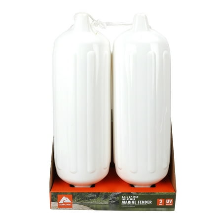 Ozark Trail 2-Pack Inflatable Boat Fenders – White 8.5x27" with Fender Lines, Bumpers Buoys