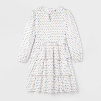 Girls' Adaptive Disco Hearts Wave Long Sleeve Tiered Mini A-Line Dress White - Roller Rabbit x Target M
