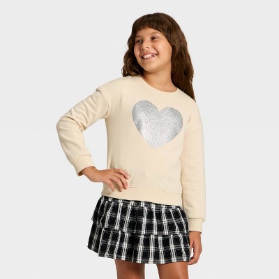 Girls' Fleece 'Glitter Heart' Graphic Pullover Sweatshirt - Cat & Jack™ Cream XL Plus