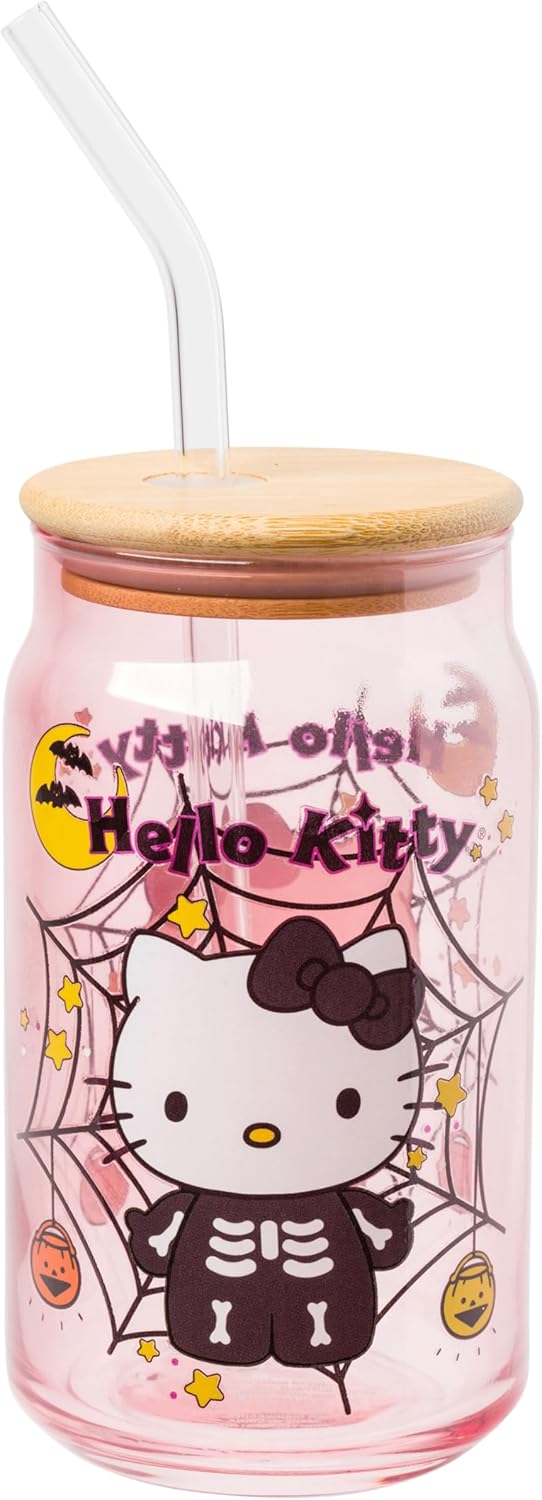 Silver Buffalo Sanrio Hello Kitty Halloween Spooky Skeleton Costume Pink Lavender Glass Jar Tumbler with Bamboo Lid and Glass Straw, 16 Ounces