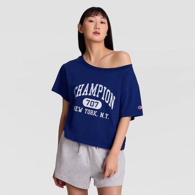 Champion Women's Short Sleeve Arena Off the Shoulder T-Shirt - Blue Depths M