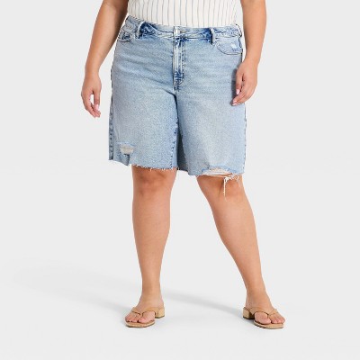Women's Mid-Rise Distressed Bermuda Jean Shorts - Ava & Viv™ Light Wash 28