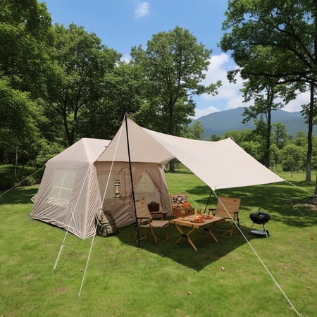 Inflatable Camping Tent with Window & Pump & Stove Jack, Glamping Tents 4 Seasons Waterproof Windproof, Easy Setup Oxford Blow Up Tent for Outdoor