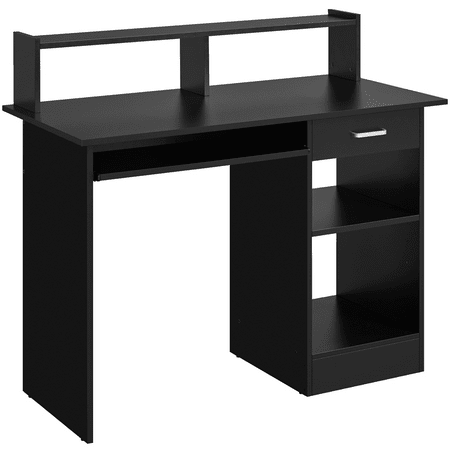 Alden Design Wooden Home Office Computer Desk with Drawers and Keyboard Tray, Black