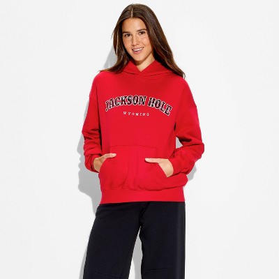 Women's Oversized Graphic Hooded Pullover Sweatshirt - Wild Fable™ Berry Red Quote XS