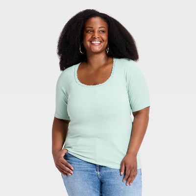 Women's Raglan Elbow Sleeve Lace Trim Scoop Neck Top - Ava & Viv™ Light Green 2X