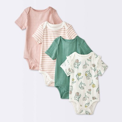 Baby Girls' 4pk Floral Short Sleeve Pointelle Bodysuit - Cloud Island™ Cream 6-9M