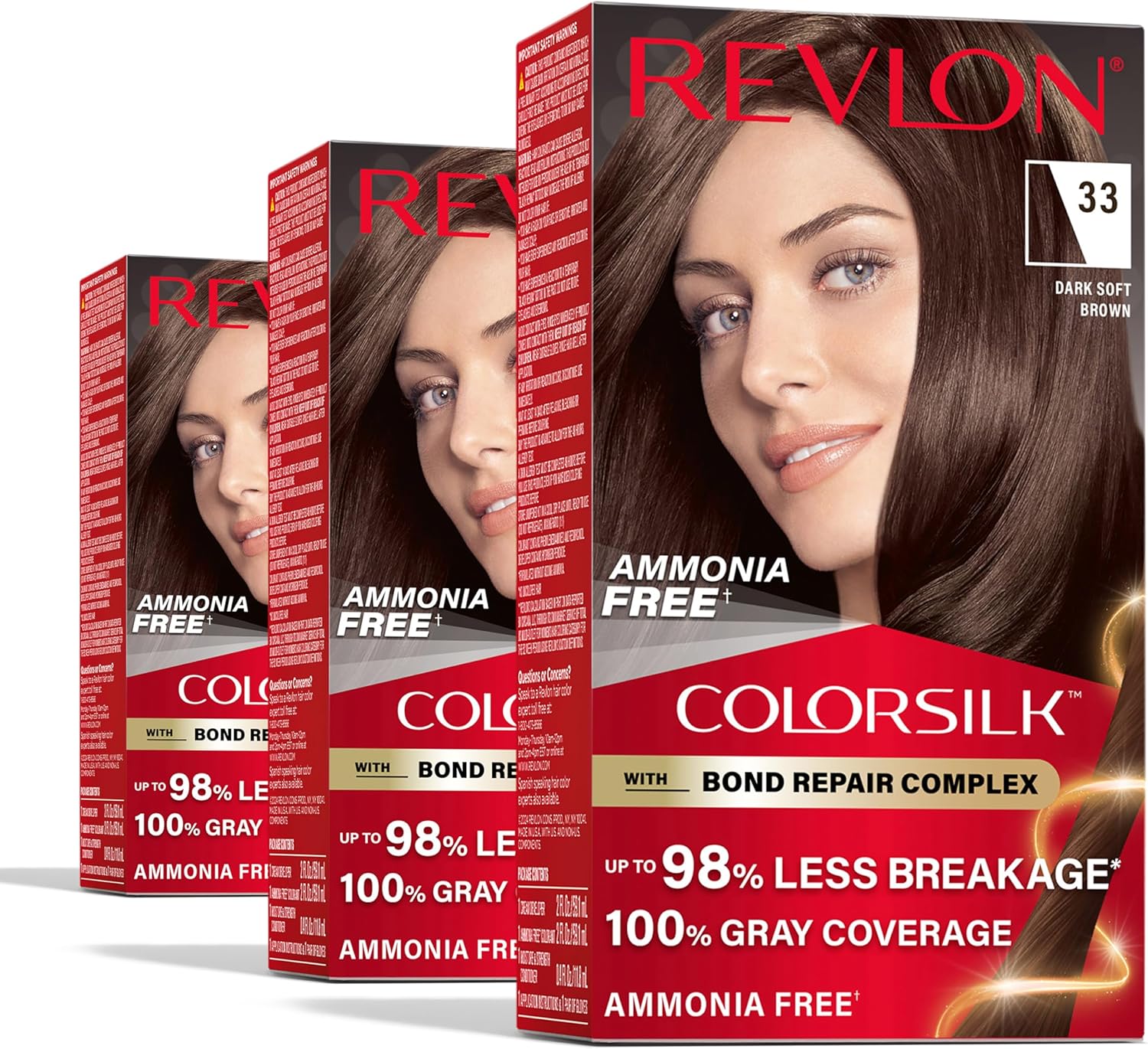 Revlon ColorSilk with Bond Repair Complex, Brown Permanent Hair Color, 100% Gray Coverage, Ammonia Free Hair Dye, Vegan Keratin, 33 Dark Soft Brown (Pack of 3)