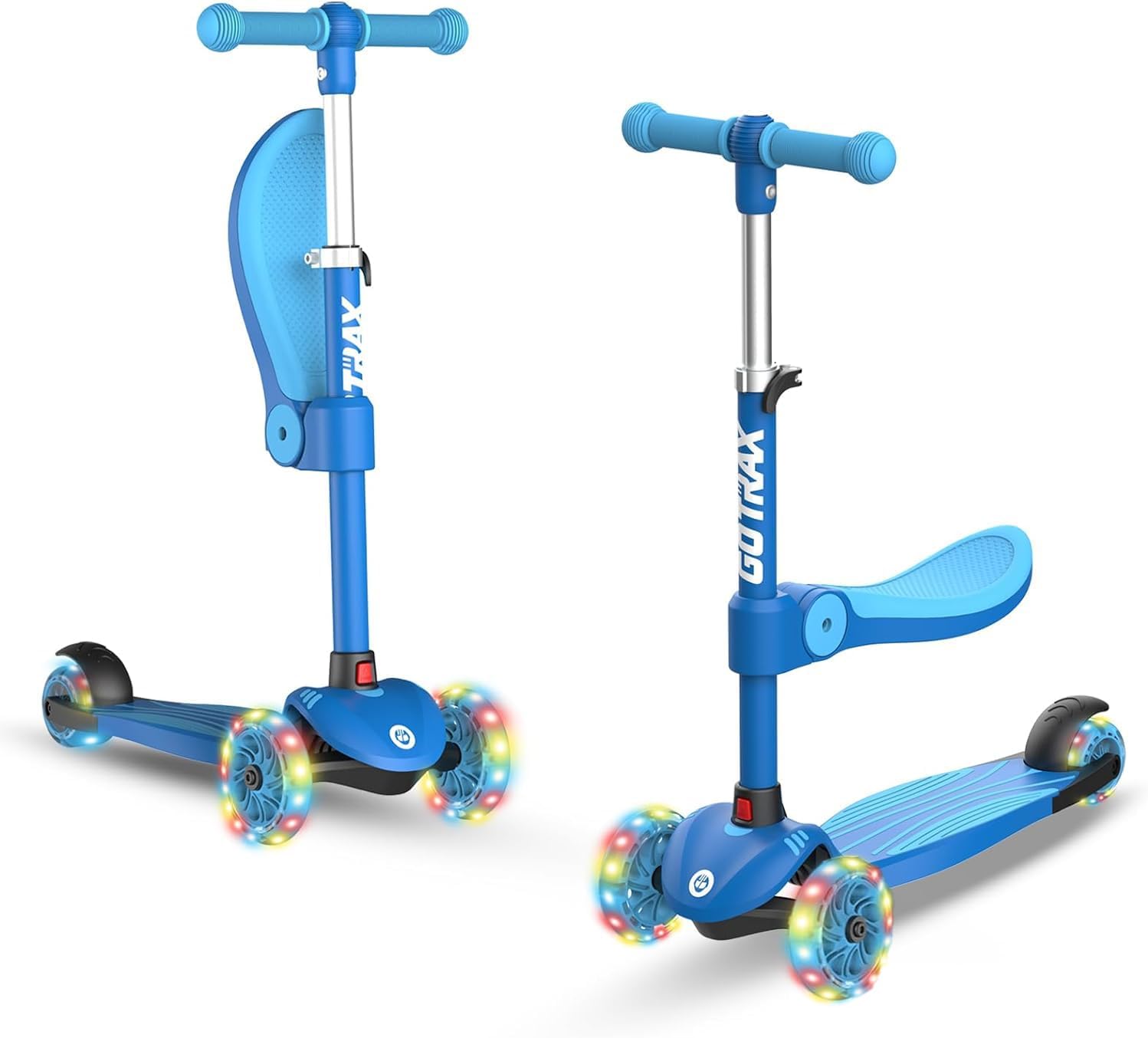 Gotrax KS3 Kids Kick Scooter, LED Lighted Wheels, Adjustable Height Handlebars and Removable Seat, Lean-to-Steer & Widen Anti-Slip Deck, 3 Wheel Scooter for Kids Ages 2-8 and up to 100 Lbs (Blue)