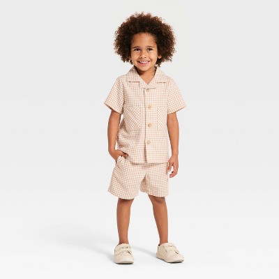 Toddler Boys' 2pc Easter Gingham Short Sleeve Shirt & Shorts Set - Cat & Jack™ Beige 12M