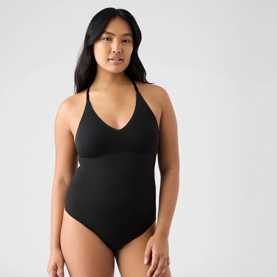 True & Co. Women's V Neck Bra Lace Racerback Bodysuit - Black L