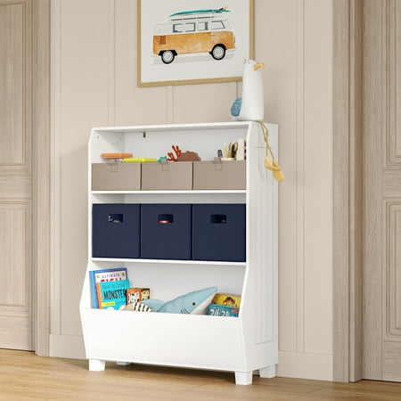 RiverRidge Kids 34in Playroom Bookshelf with Toy Bin Organizer and 2 Open Shelves - White