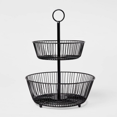 Iron Wire 2-Tier Fruit Basket Black - Threshold™: Traditional Round Fruit Holder Stand, Iron Serving Bowl, 16" Height