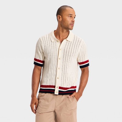 Men's Short Sleeve Full Button Americana Open Work Sweater Polo - Goodfellow & Co™ Cream S