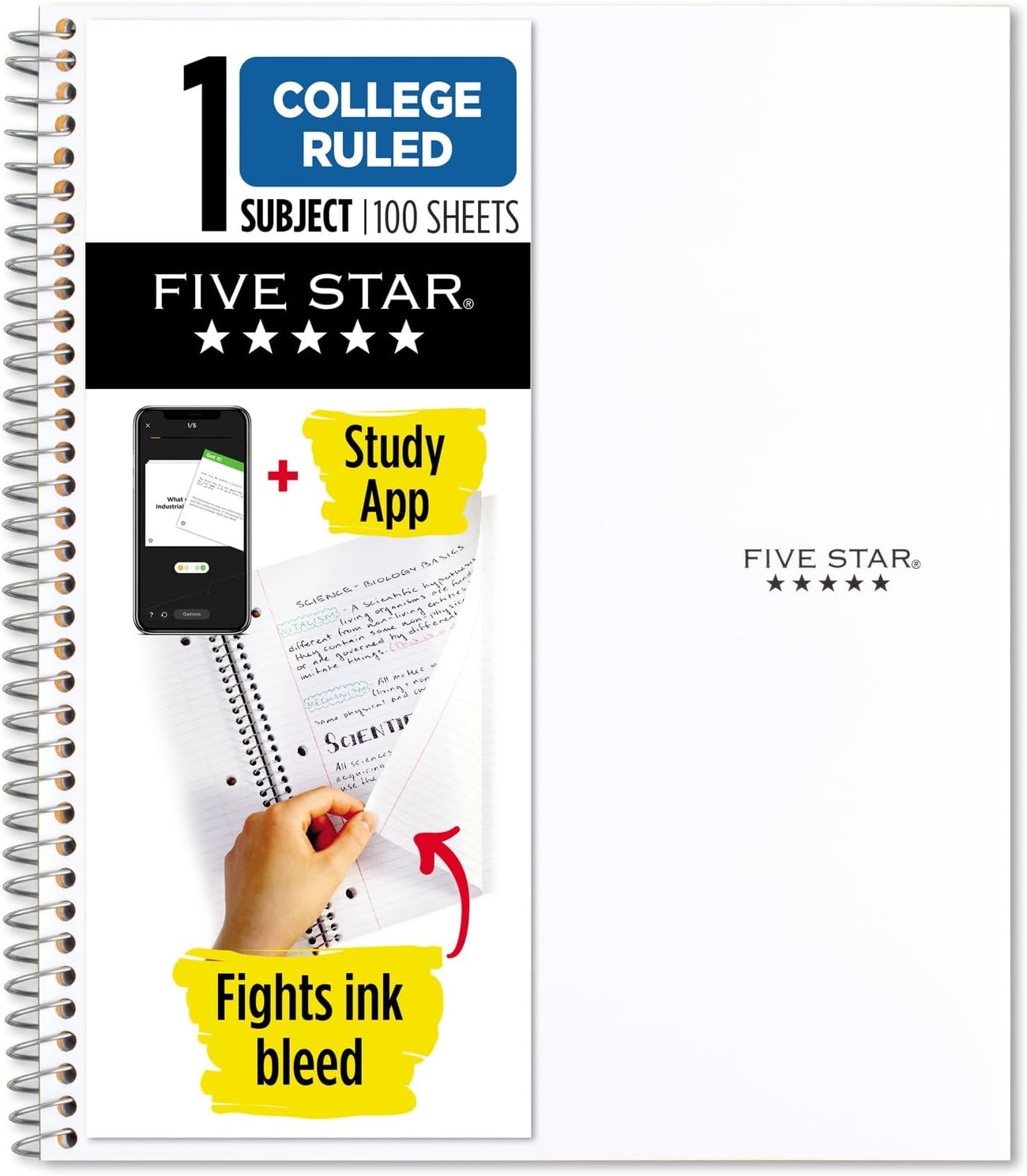 Five Star Spiral Notebook + Study App, 1 Subject, College Ruled Paper, 8-1/2" x 11", 100 Sheets, Fights Ink Bleed, Water Resistant Cover, White (72456)