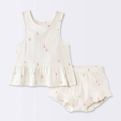 Baby Girls' 2pc Boat Graphic Peplum Tank Top and Ruffle Shorts Set - Cloud Island™ Cream 6-9M