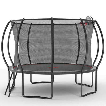 12FT Round Trampoline with Safety Enclosure, Basketball Hoop & Ladder, Galvanized Steel Frame, Outdoor Backyard Trampoline for Kids, Black