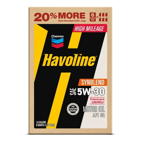 Chevron Havoline High Mileage Synthetic Technology Motor Oil 5W-30, 6 Quart Smart Change Box
