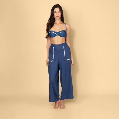 Solid & Striped Women's High-Rise Rick-Rack Trim Linen Blend Pull-On Pants - Navy Blue 1X