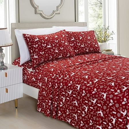 Holiday Pattern 1500 Thread Count Sheet set (4-Piece) Bedding Set, Twin, Burgundy Reindeer
