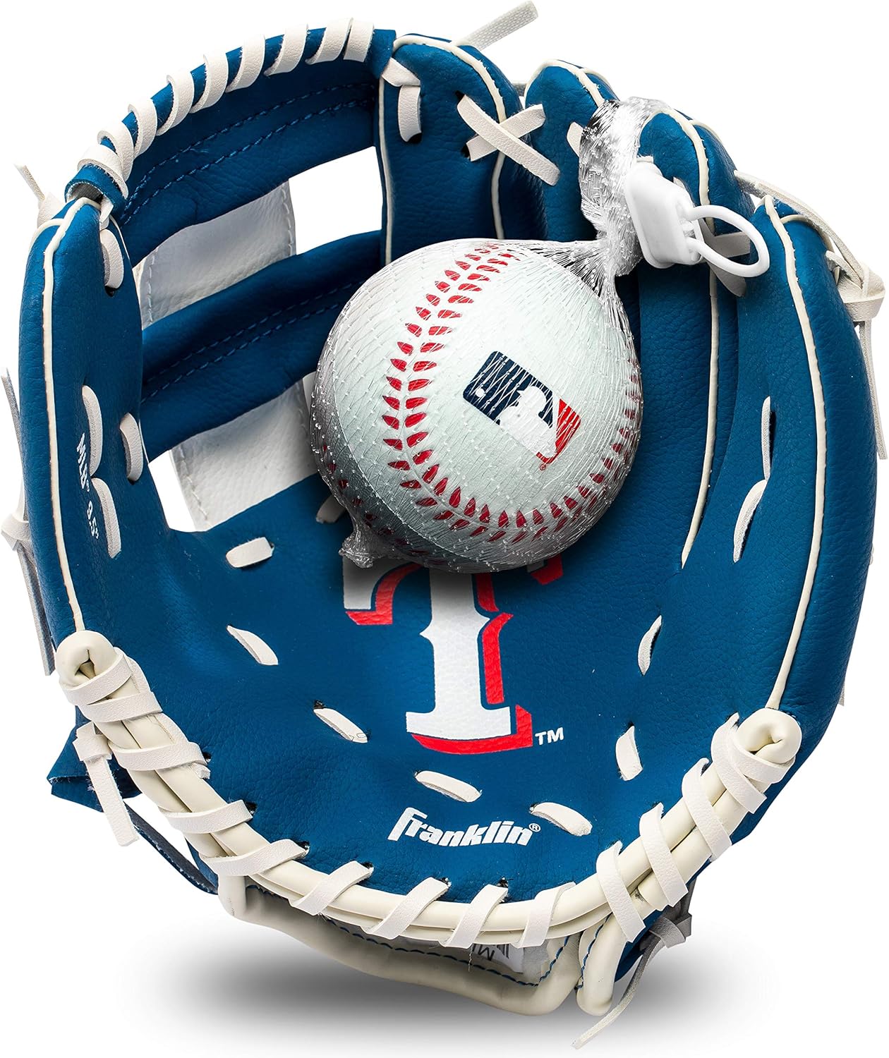 Franklin Sports MLB Youth Teeball Glove and Ball Set - Kids Texas Rangers Baseball and Teeball Glove and Ball - Perfect First Kids Glove - 9.5"