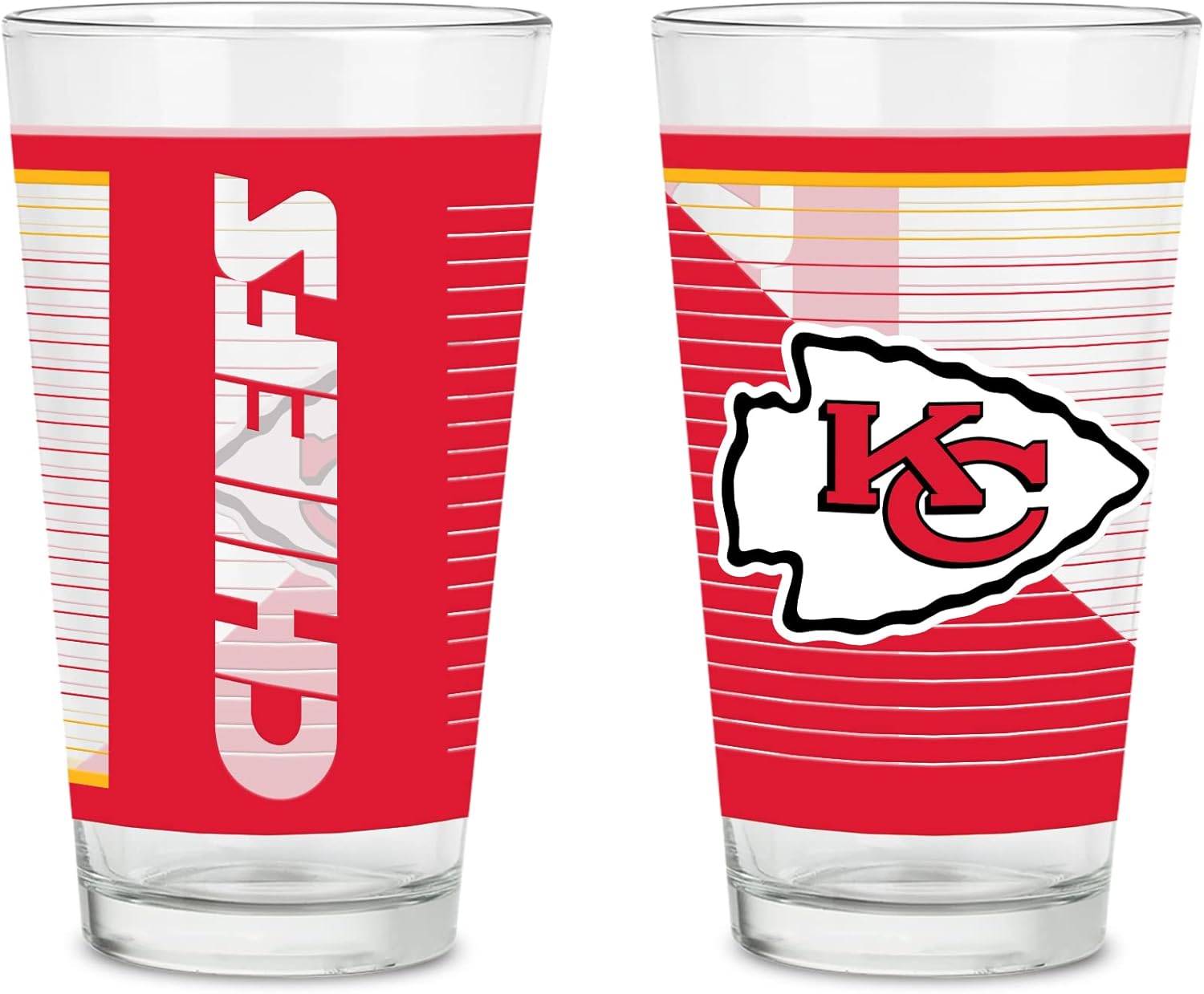 Rico Industries NFL Football Kansas City Chiefs 16 oz Pint Glasses with Digitally Printed Logo, Practical Set of 2 Classic Drinking Glasses, Dishwasher Safe