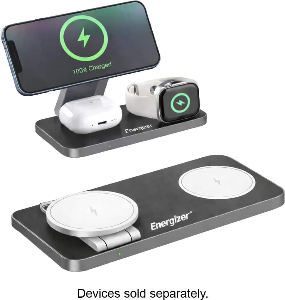 Energizer - 3-in-1 15W Magnetic MagSafe/Qi2 Compatible Fast 15W Charger, Charging Station/Stand for iPhone + AirPods + Apple Watch - Black