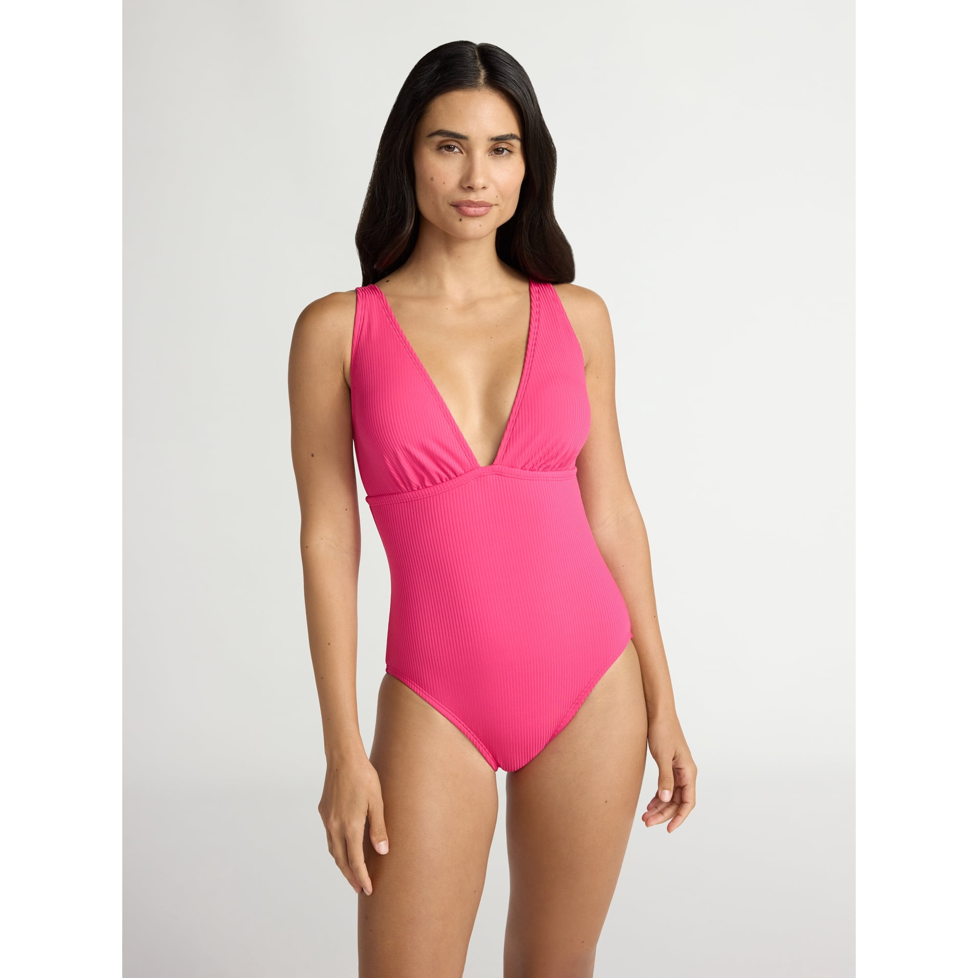 Time and Tru Women's Ribbed Plunge One Piece Swimsuit, Sizes XS-2X