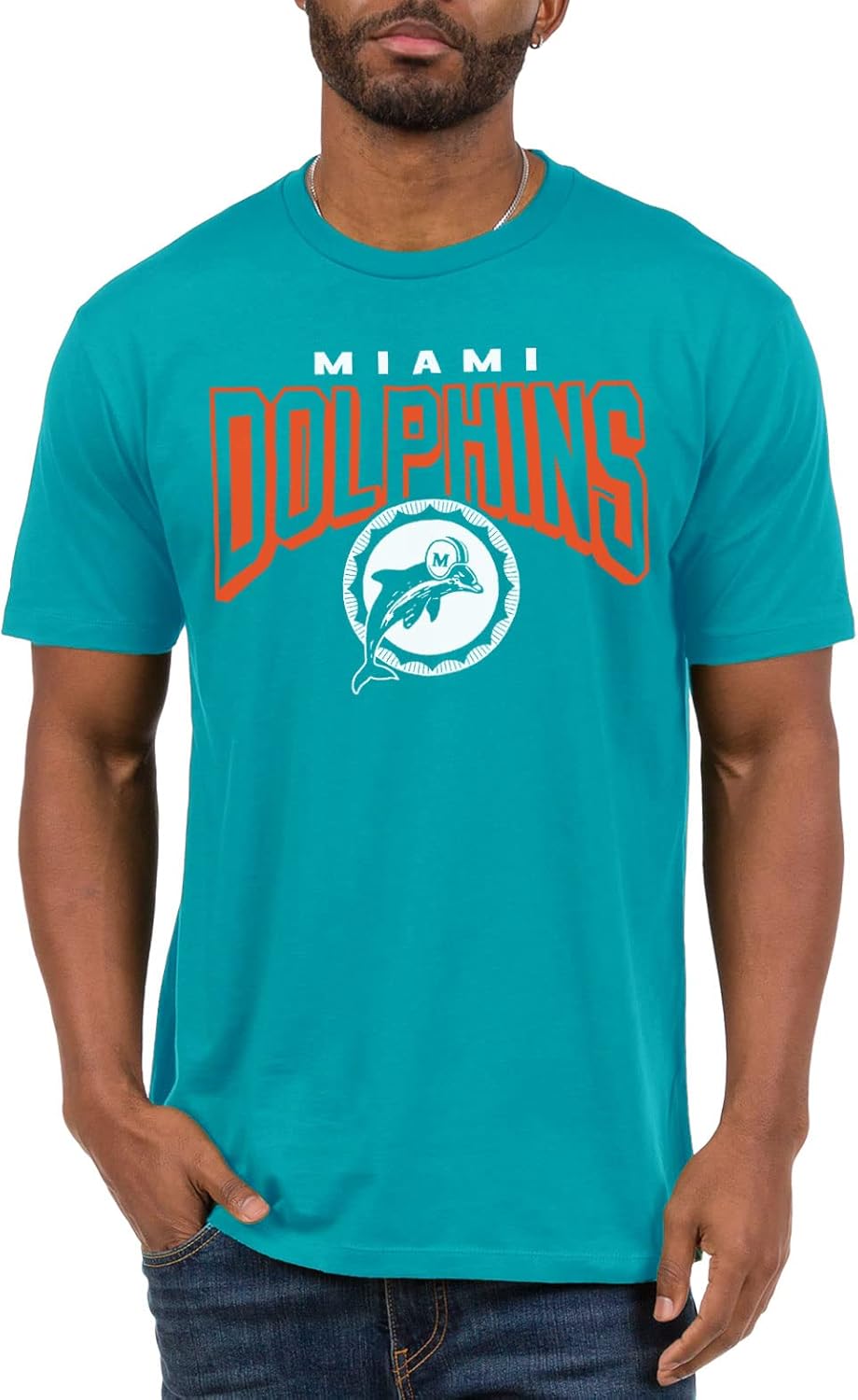 Junk Food Standard Clothing x Bold Logo-Short Sleeve Fan Shirt for Men and Women Officially Licensed NFL Apparel, Miami Dolphins-Aqua