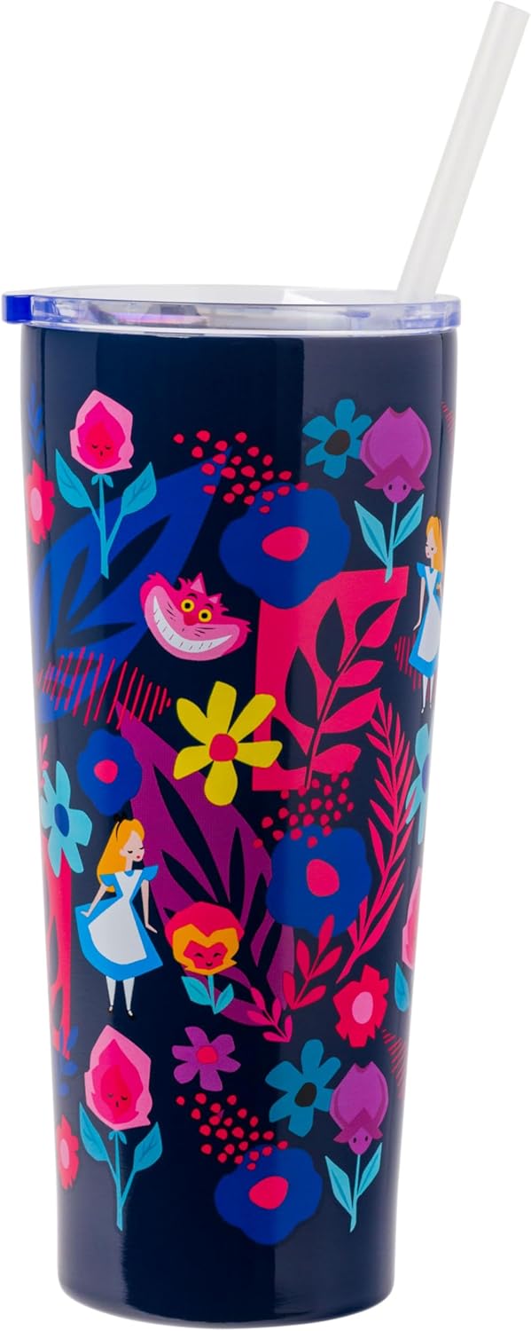 Silver Buffalo Disney Alice in Wonderland Featuring Cheshire Cat Double Walled Stainless Steel Tumbler with Straw, 22 Ounces