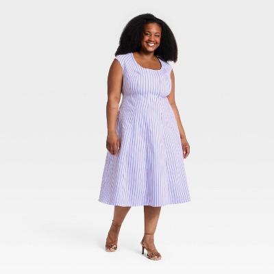 Women's Plus Cap Sleeve Midi A-Line Dress - Ava & Viv™ Blue/Red Striped 17