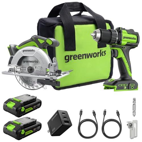 GREENWORKS 24V 1/2" Brushless Cordless Drill & 6.5" Circular Saw w/ Two Batteries, Charger Amazon