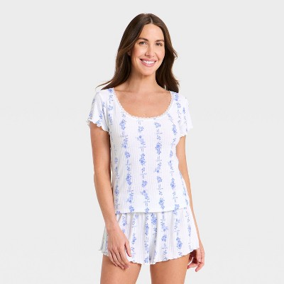 Women's Pointelle Short Sleeve Shirt and Shorts Pajama Set - Auden™ Blue Floral L