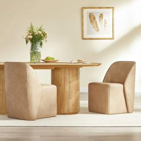 Spruce & Spring Rolling Upholstered Dining Chair with Smooth Hidden Casters Set of 2, Tan